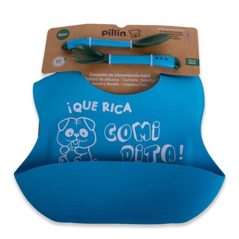 PILLIN - Set Babero y cubiertos Bebé Niño Azul Pillin - Azul