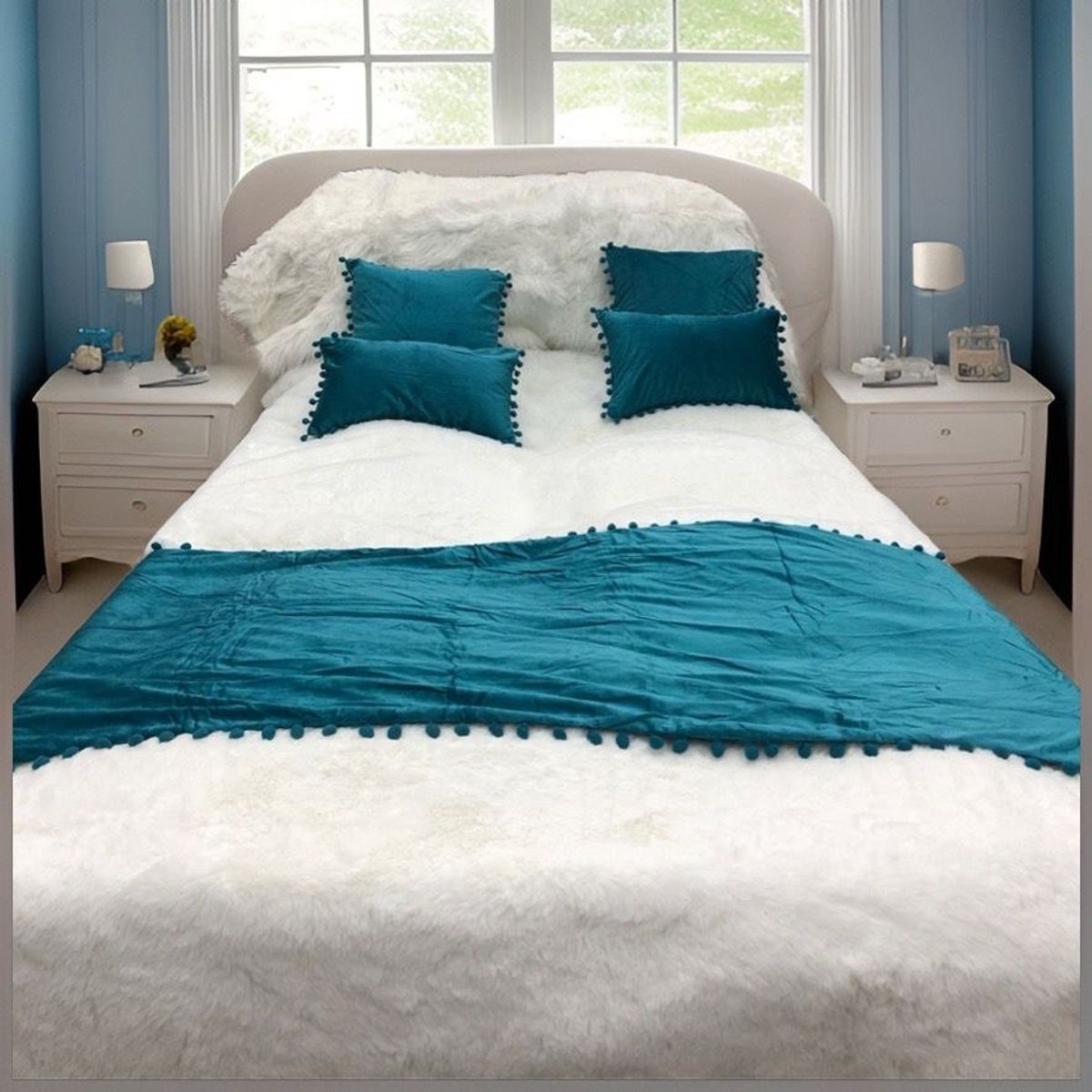 GENERICO - PIECERA MAS 4 FUNDAS DE COJIN CON POMPONES