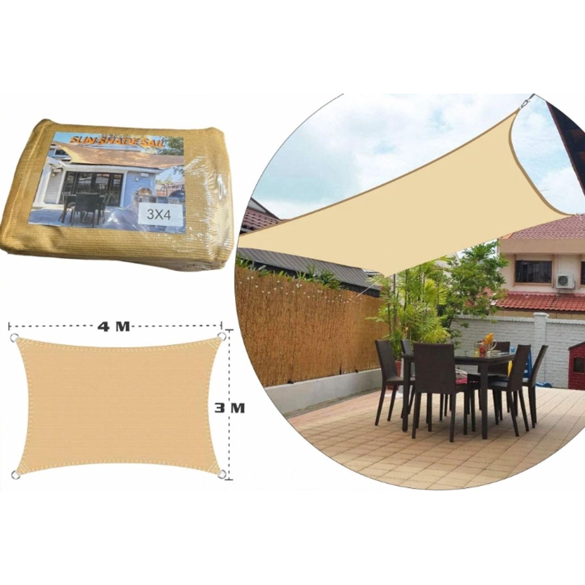 GENERICO - Lona Toldo Vela Sombra Rectangular 3x4 Anti Uv - Calidad premium