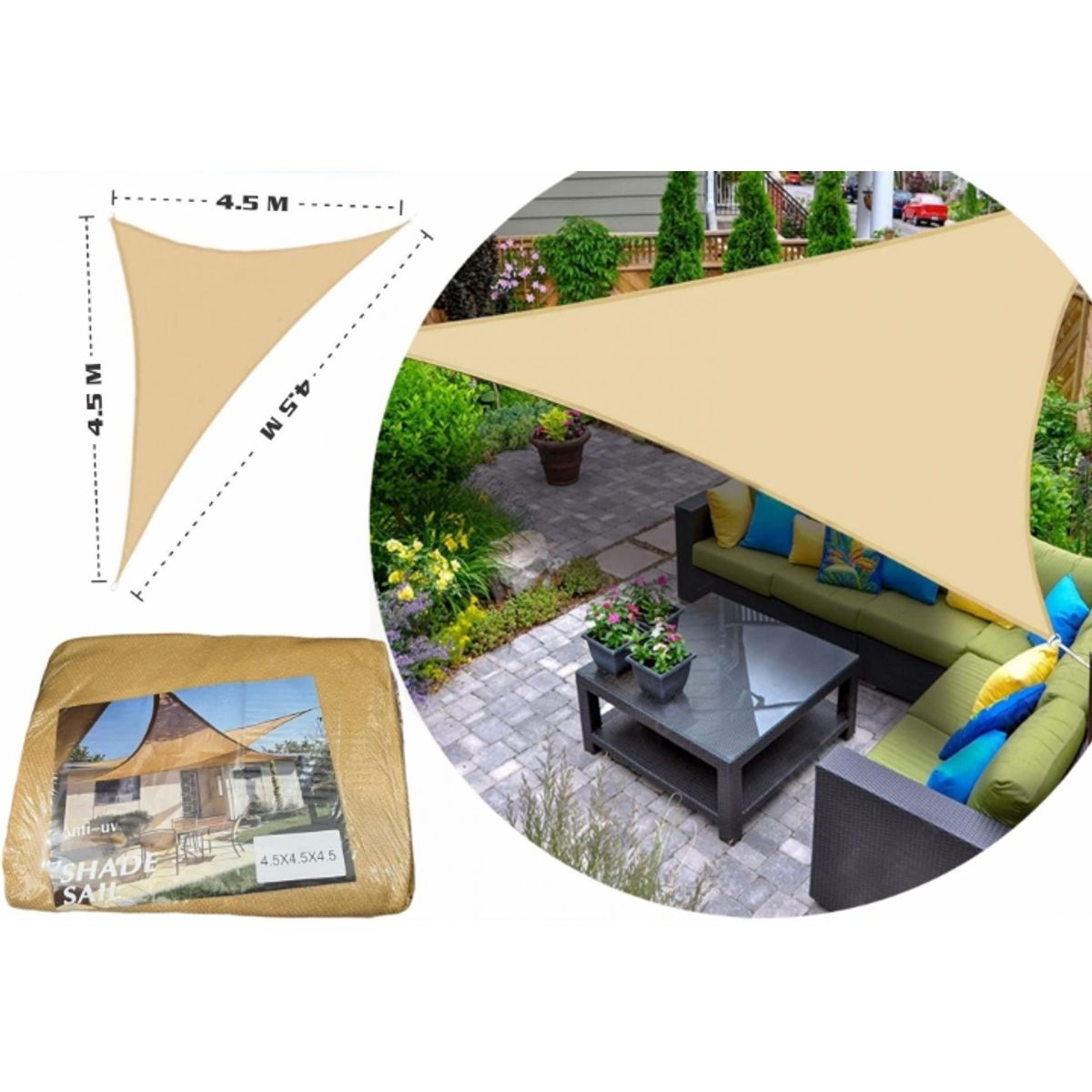GENERICO - Lona Toldo Vela Sombra Triangular  4.5x4.5x4.5 Anti Uv - Calidad premium