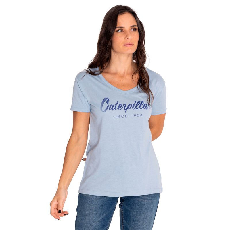 CAT - Polera Manga Corta Mujer Script V-Neck Tee Azul CAT