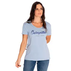 CAT - Polera Manga Corta Mujer Script V-Neck Tee Azul