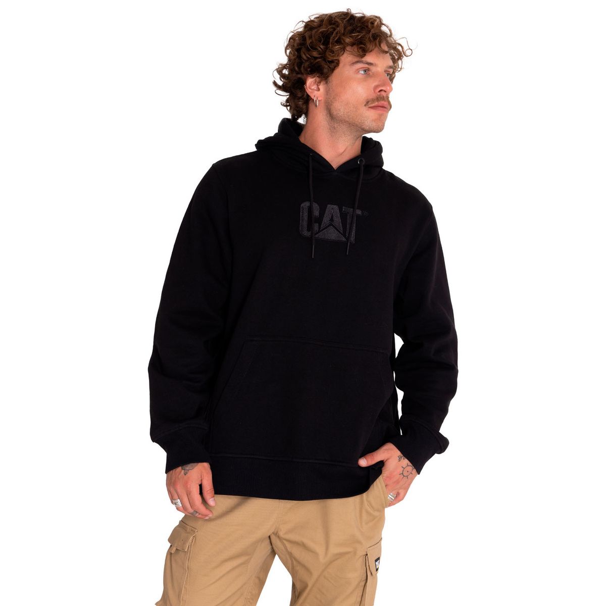 CAT - Polerón Unisex Fleece Logo Pullover Hoodie Negro CAT