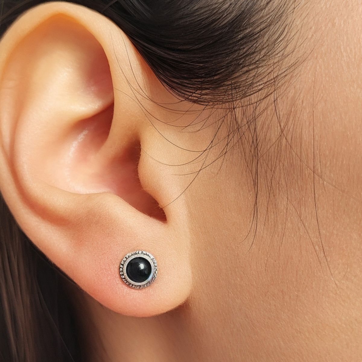 COGGIOLA - Aros Botón Trenzado Ónix Plata Fina 925