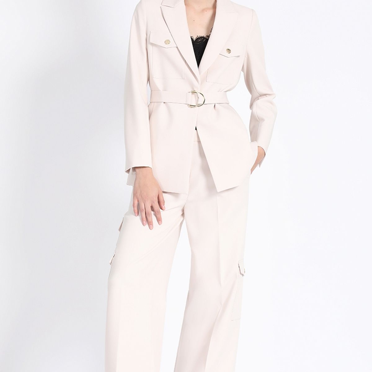 LIOLA - Chaqueta Larga Cargo Con Cinturon, Crudo Liola