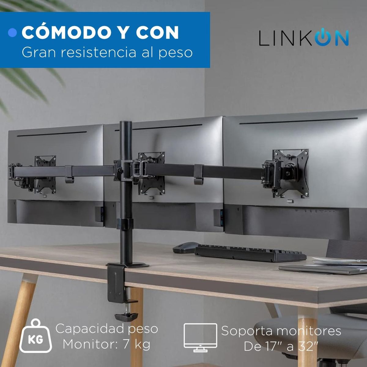 LINKON - Soporte Brazo Triple Para 3 Monitores De Escritorio Linkon