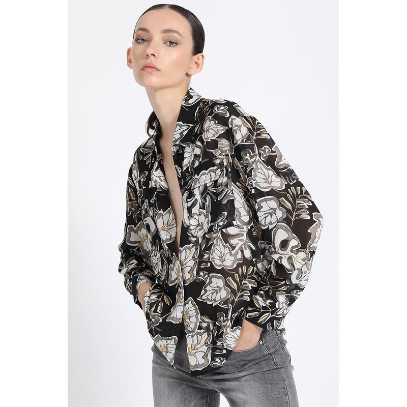 LIOLA - Camisa Estampada Con Folia, Negro Liola