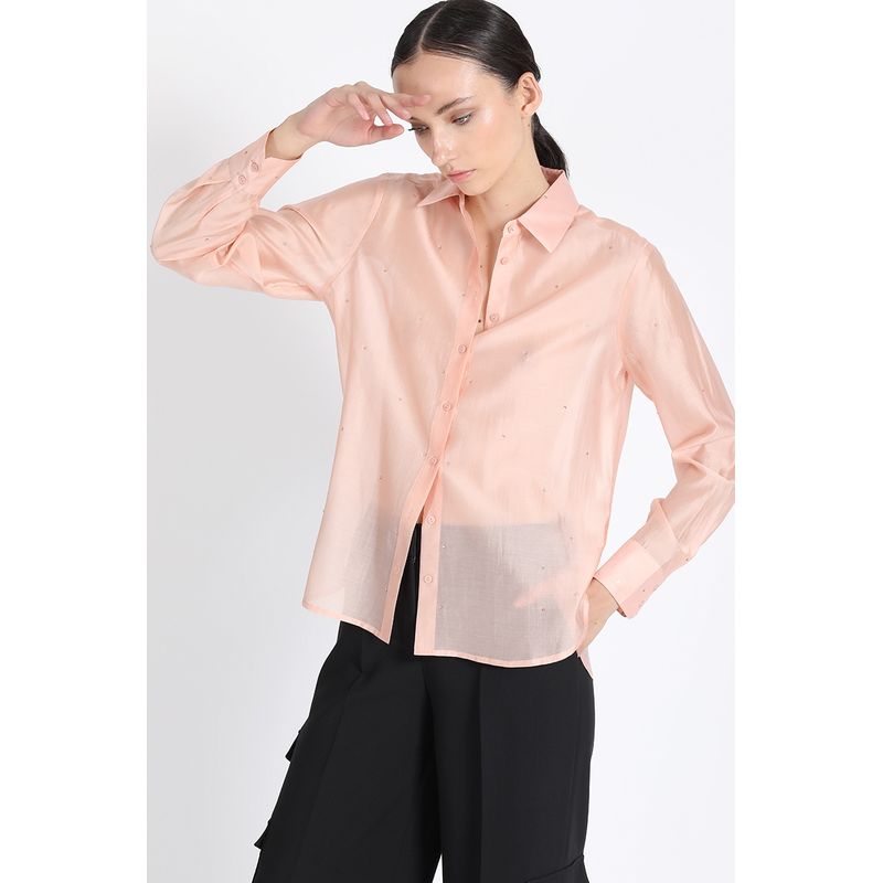 LIOLA - Camisa Semi Transparente Con Strass, Coral Liola