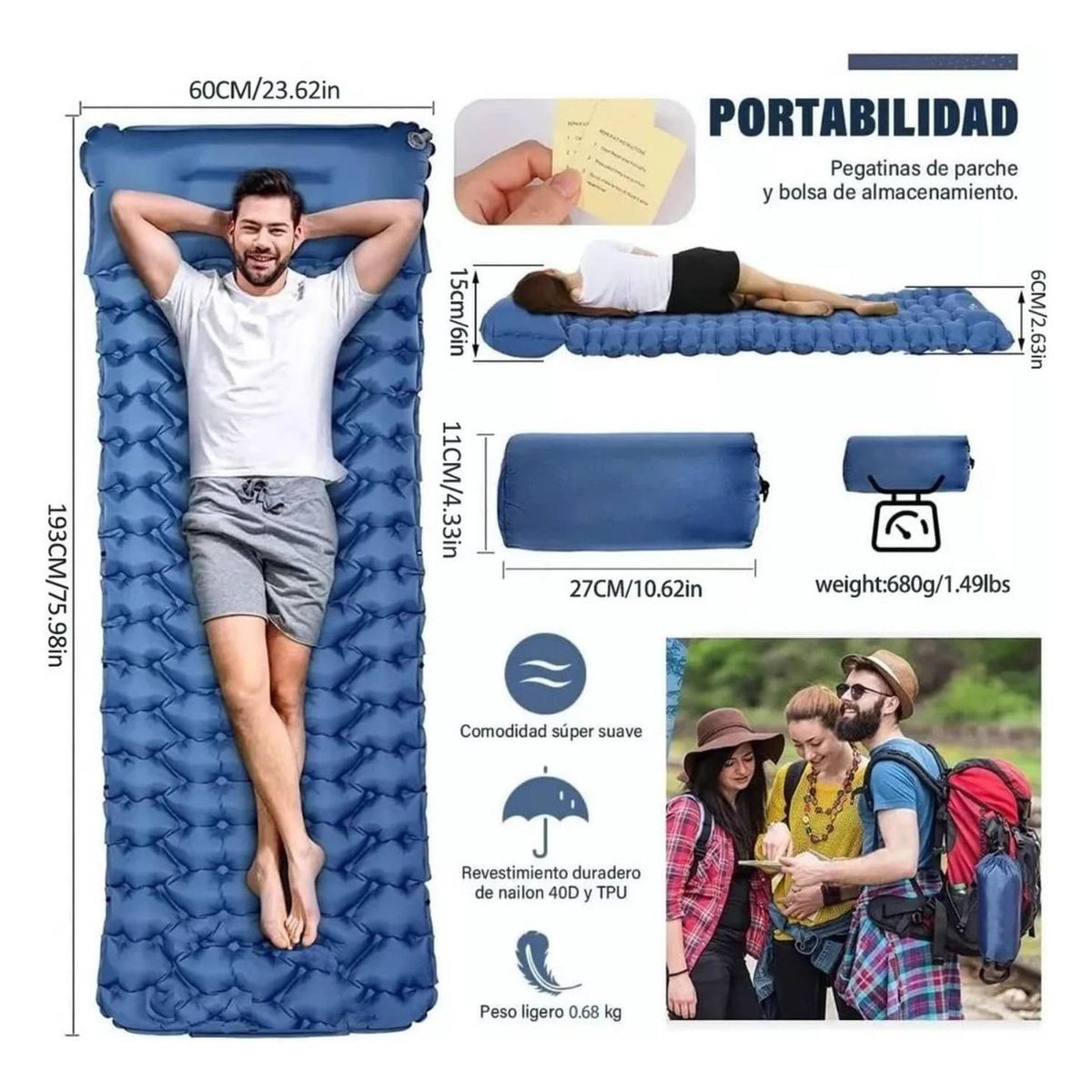 YEP S - colchon Inflable Plegable Para Camping Outdoor - Azul