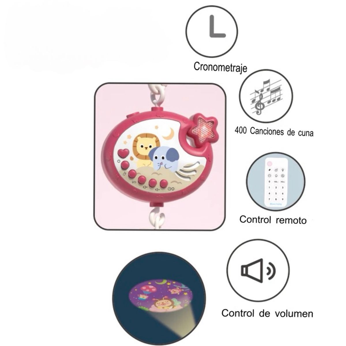 ACTUAL - Móvil De Cuna Rosado 360 Con Proyector Para Bebés Giratorio