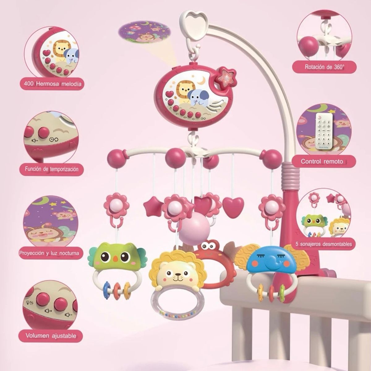 ACTUAL - Móvil Musical Rosado Con Proyector Para Bebés 360