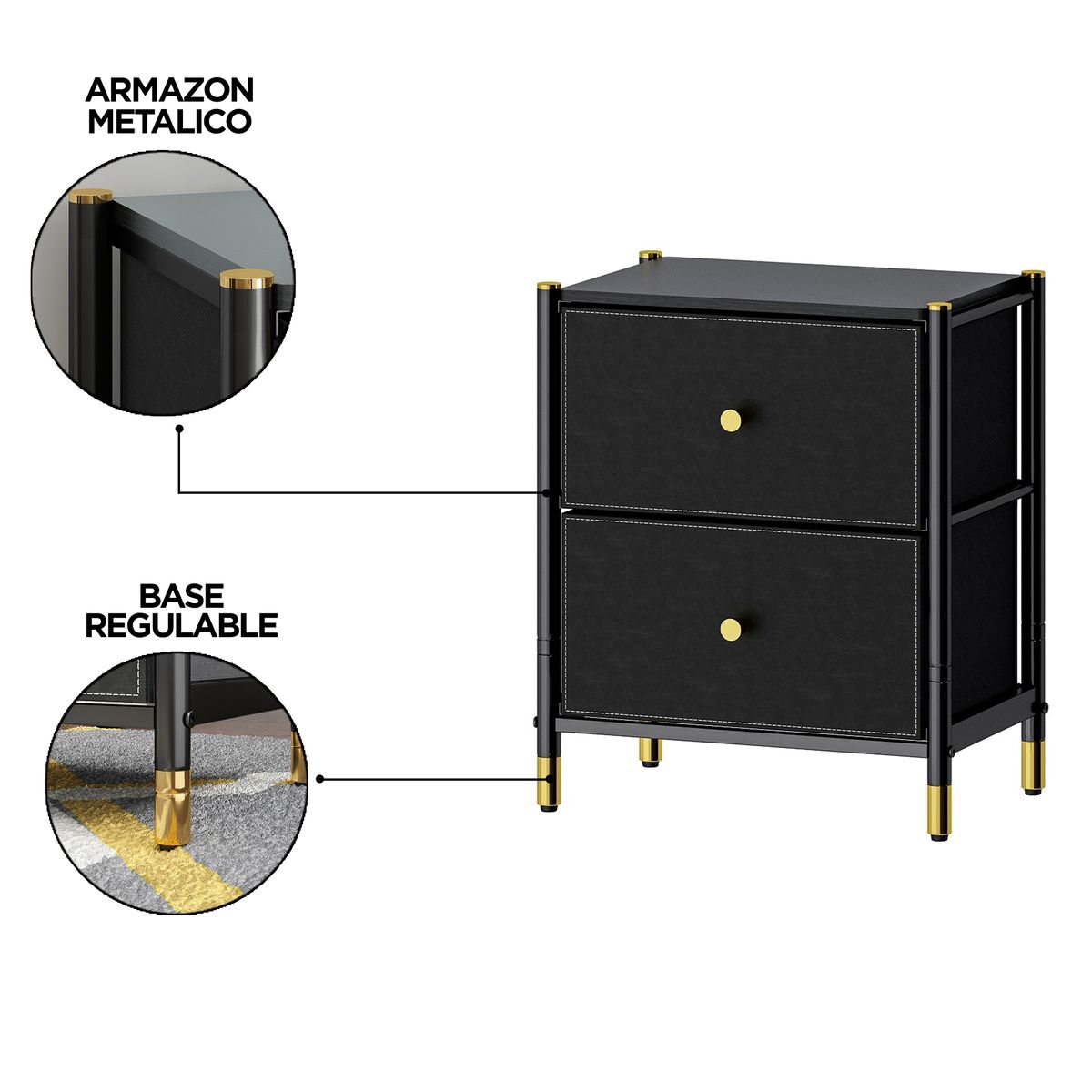 CARRY ALL - Velador Cajonera 2 Cajones Metal Madera Eco Cuero