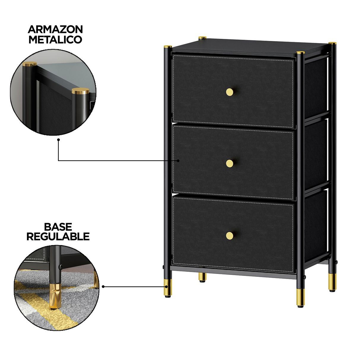 CARRY ALL - Velador Cajonera 3 Cajones Metal Madera Eco Cuero