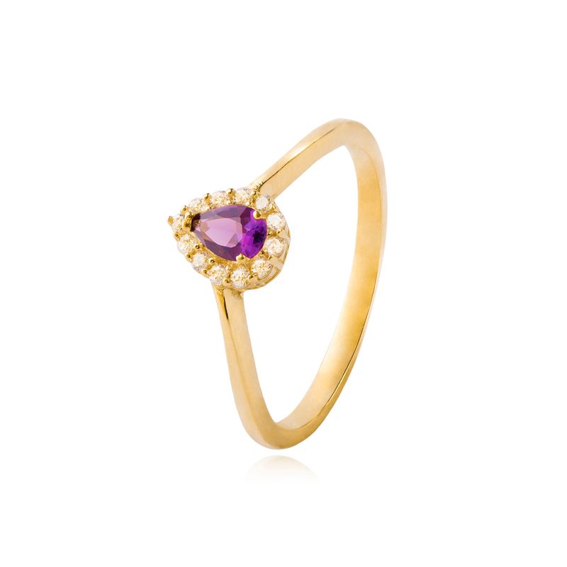 JB JOYAS BARON - Anillo Compromiso de Oro 18kt Modelo Gota con Amatista y Circón