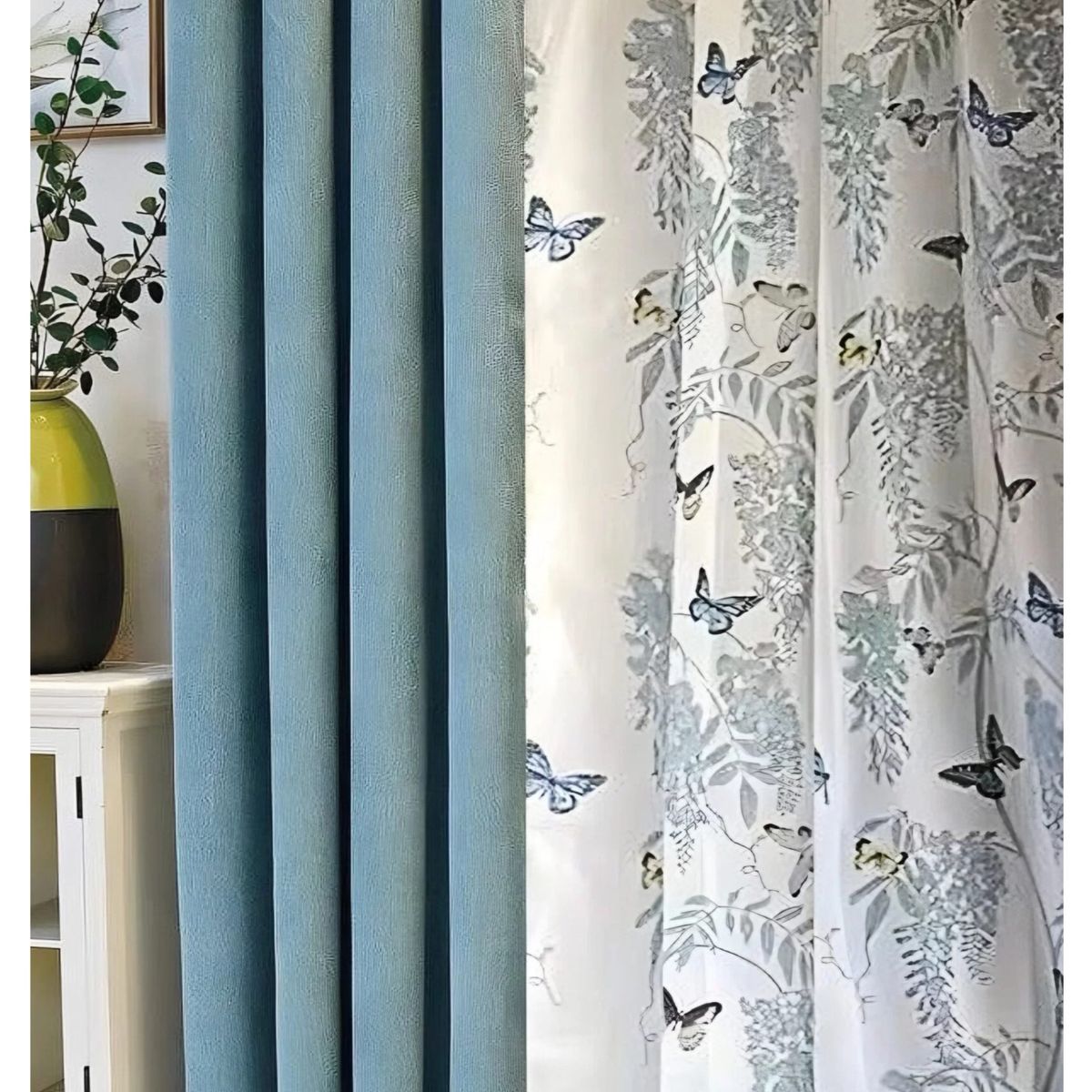 COMPRAPO - Cortinas Gruesas Bicolor Verde Menta y Mariposas 140x230 Cm