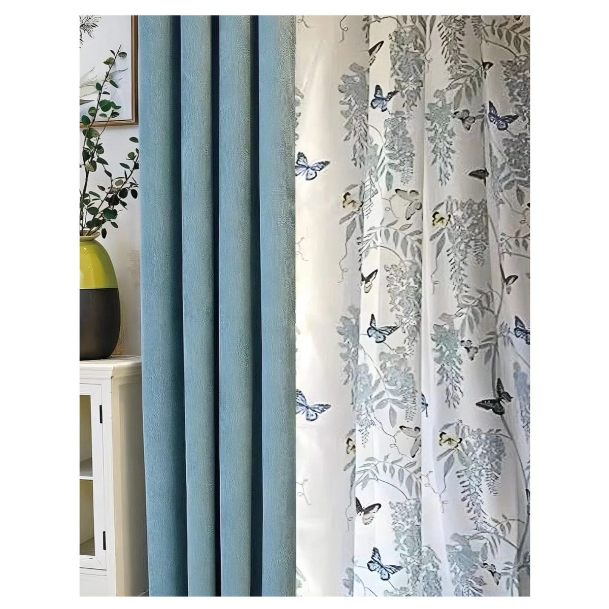 COMPRAPO - Cortinas Gruesas Bicolor Verde Menta y Mariposas 140x230 Cm