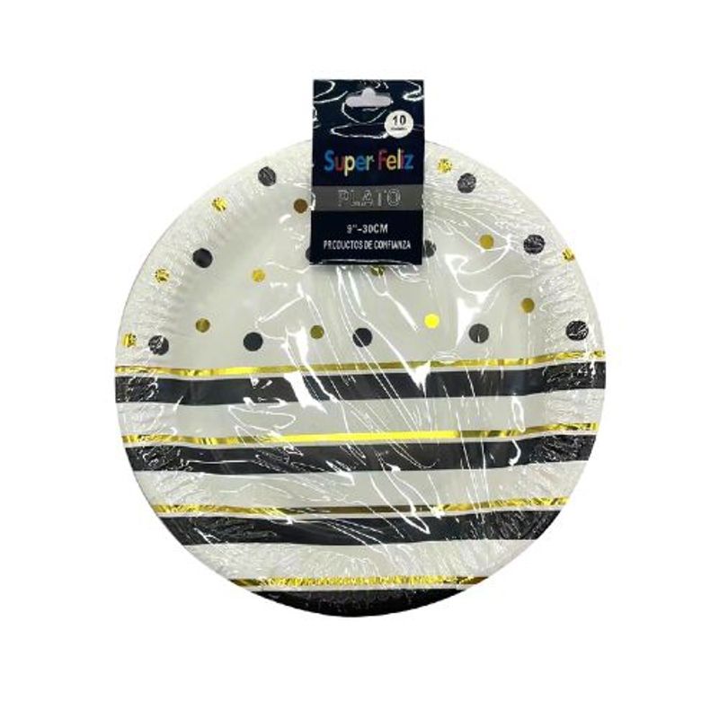 GENERICO - Plato Colores Blanco Negro Material Plastico 10 Unidades 30 Cm
