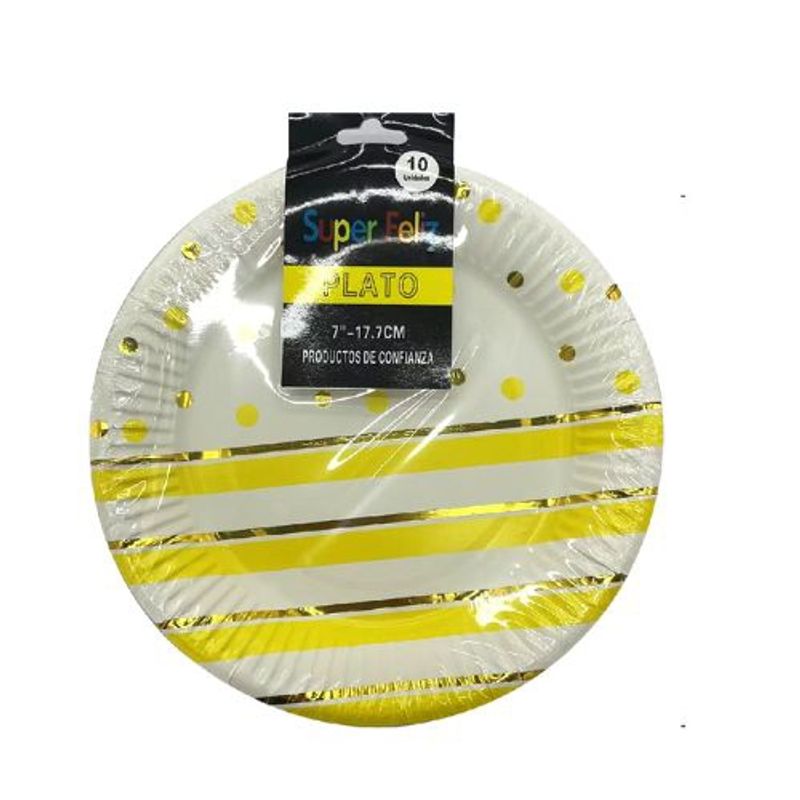 GENERICO - Plato Diseño Puntos Rayas Color Blanco Amarillo 17,7 cm