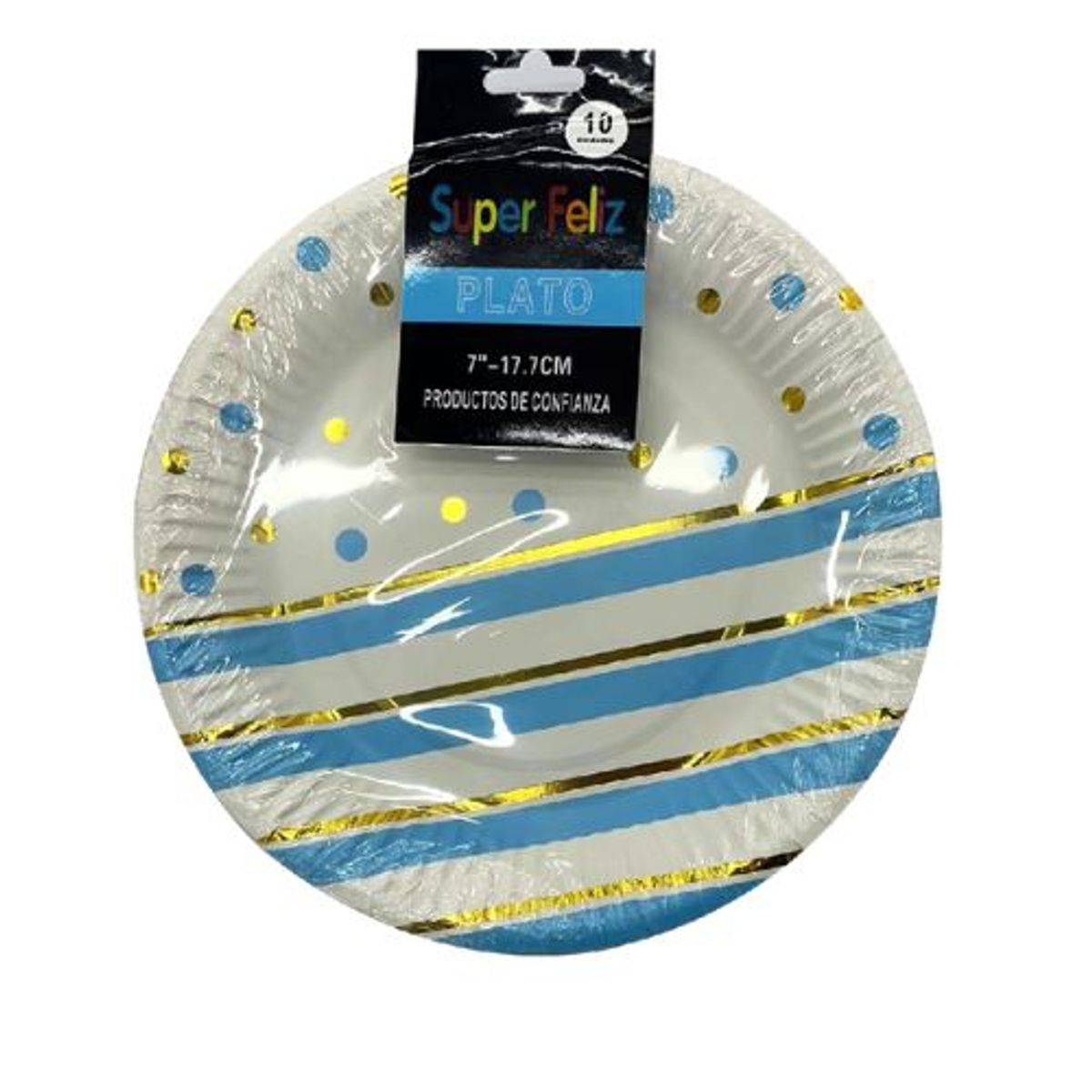 GENERICO - Plato Diseño Puntos Rayas Color Blanco Celeste 17.7 Cm