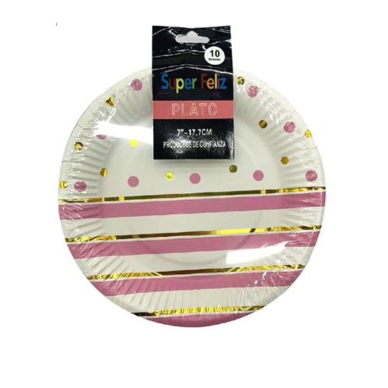 GENERICO - Plato Diseño Puntos Rayas Color Blanco Rosa 17.7 Cm.