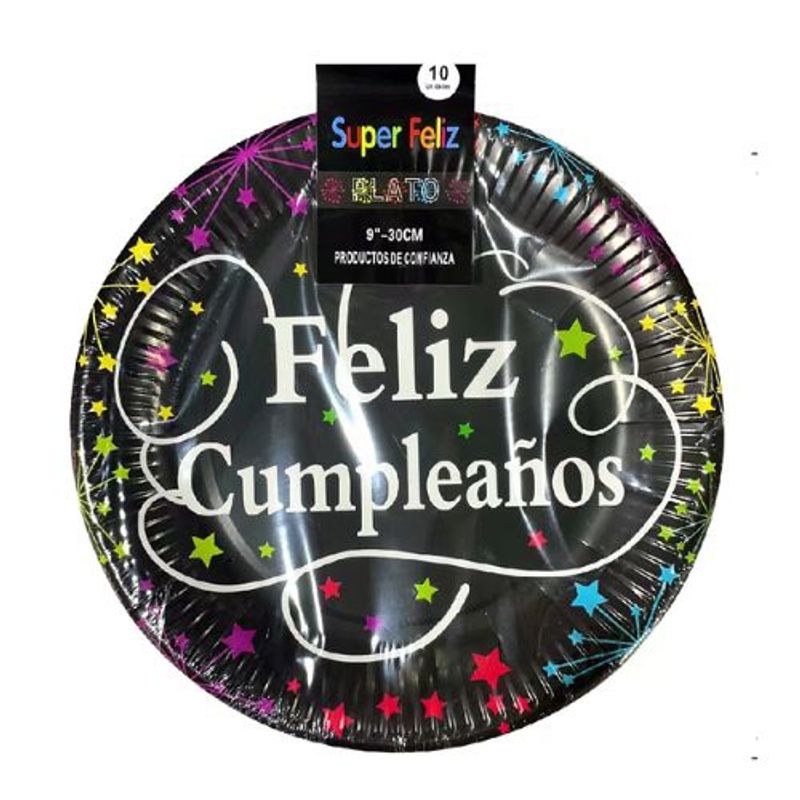 GENERICO - Plato Feliz Cumpleaños Color Negro Plastico 30 Cm