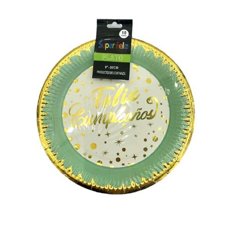 GENERICO - Plato Feliz Cumpleaños Color Verde Amarillo Plastico 30 Cm