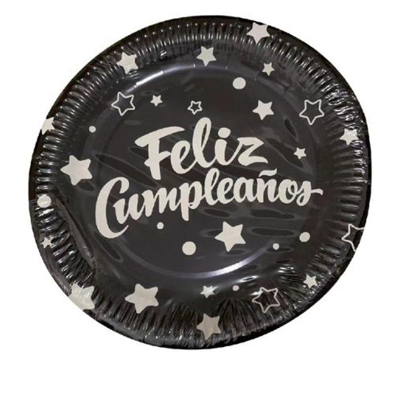 GENERICO - Plato Color Negro Diseño Feliz Cumpleaños 22.8 Cm.