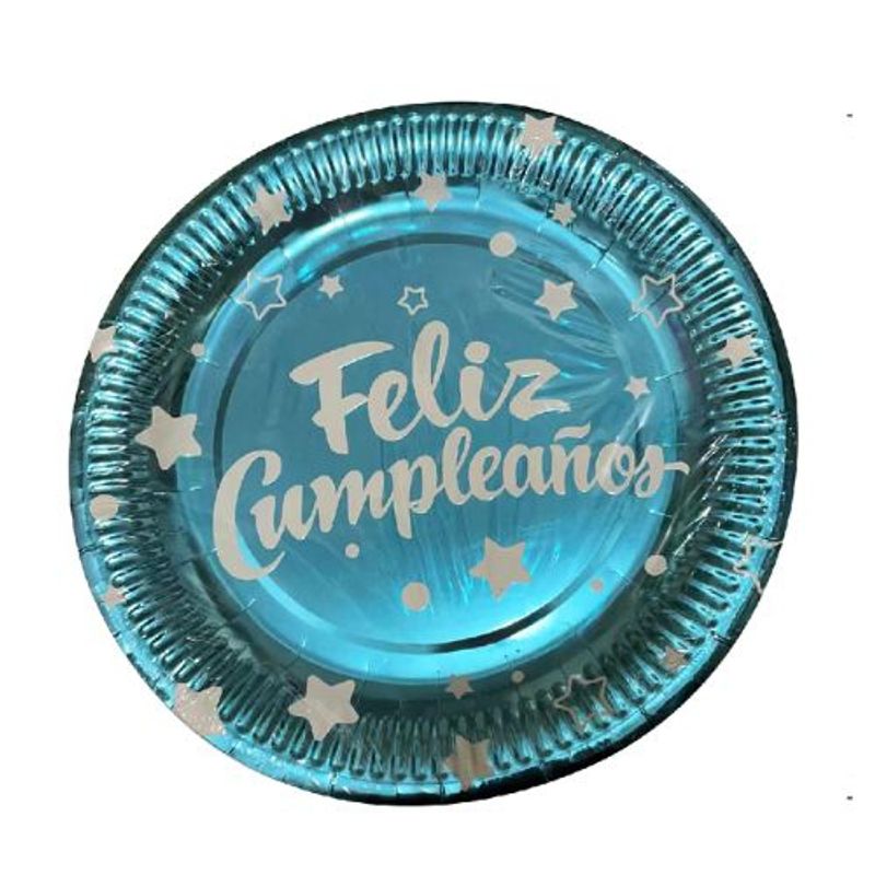 GENERICO - Plato Color Azul Diseño Feliz Cumpleaños 22.8 Cm