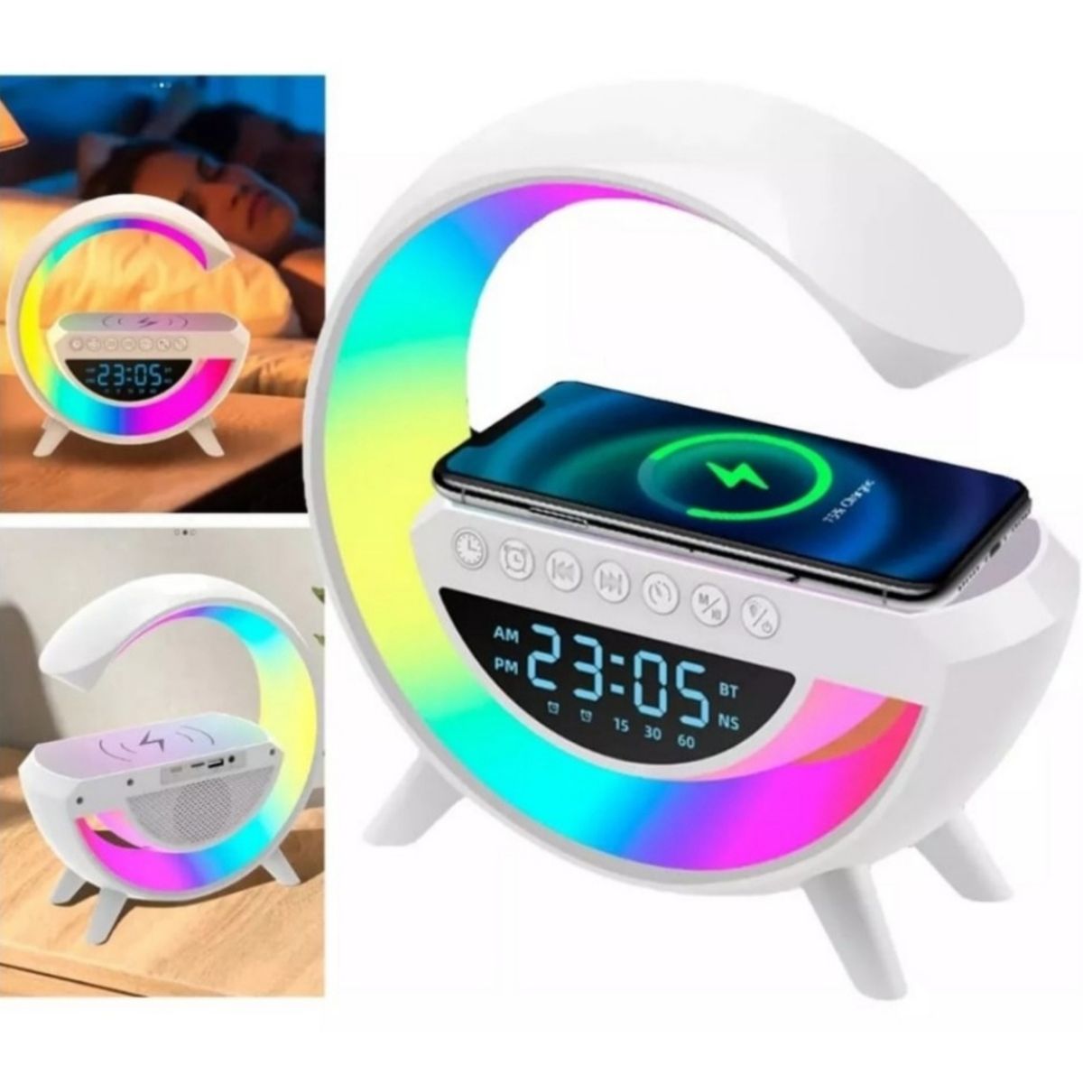 GENERICO - Parlante Con Cargador Inalámbrico Reloj Digital Lampara Led