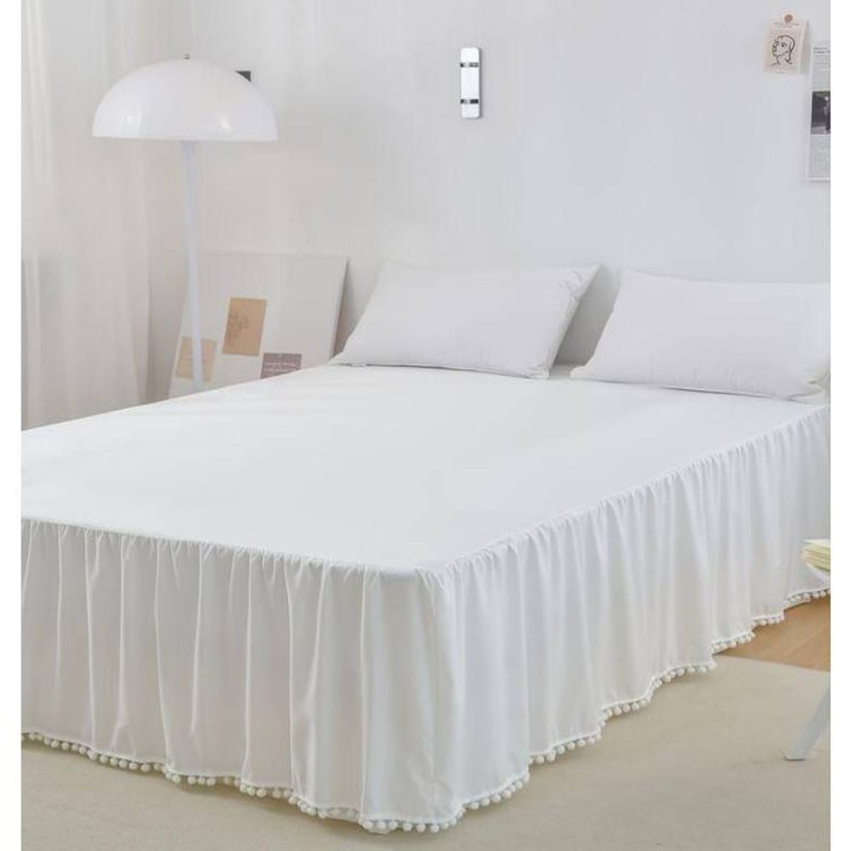 COMPRAPO - Faldón Completo 2.5 Plazas King Pompones Hippie Chic Blanco