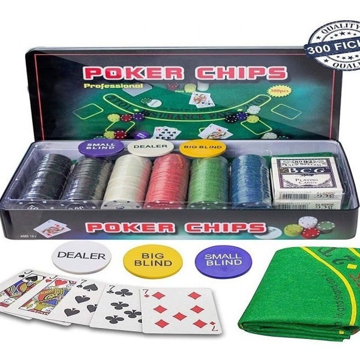 GENERICO - Set Juego De Poker 300 Fichas Con Paño Blackjack Y Naipes
