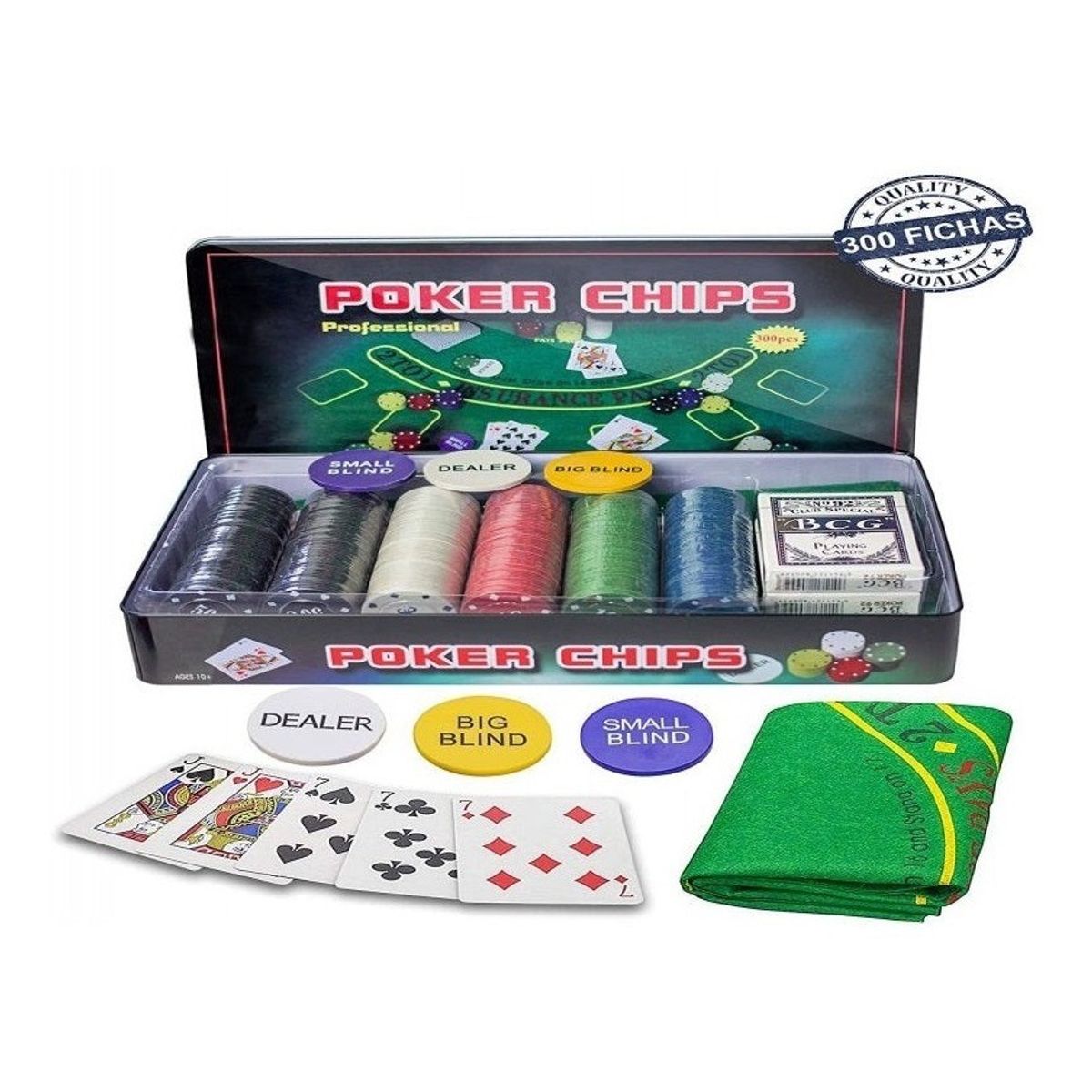 GENERICO - Set Juego De Poker 300 Fichas Con Paño Blackjack Y Naipes