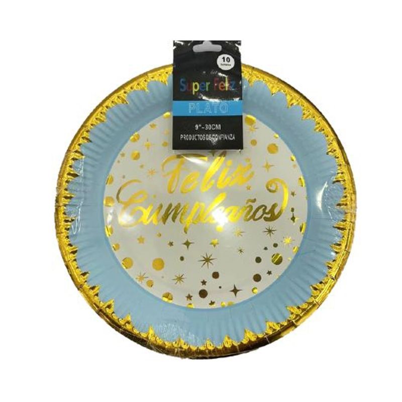 GENERICO - Plato Feliz Cumpleaños Color Celeste Plastico 30 Cm