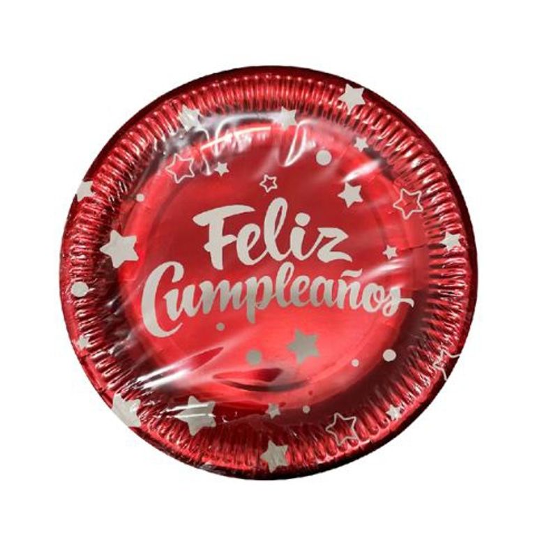 GENERICO - Plato Color Rojo Diseño Feliz Cumpleaños 22.8 Cm