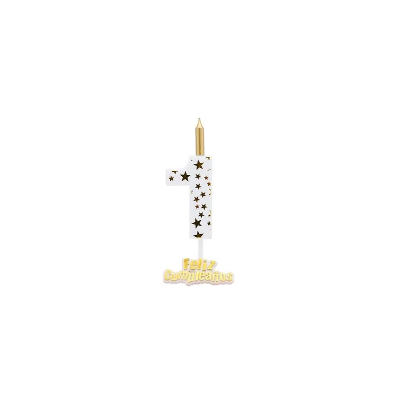 GENERICO - Vela De Numero 1 Blanco y Dorado 13cm