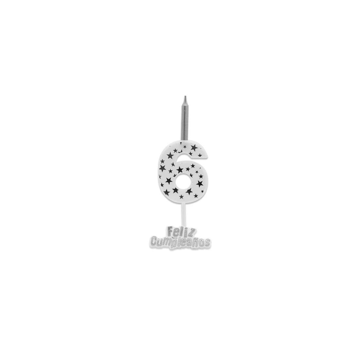 GENERICO - Vela De Numero 6 Blanco y Plateado 13cm