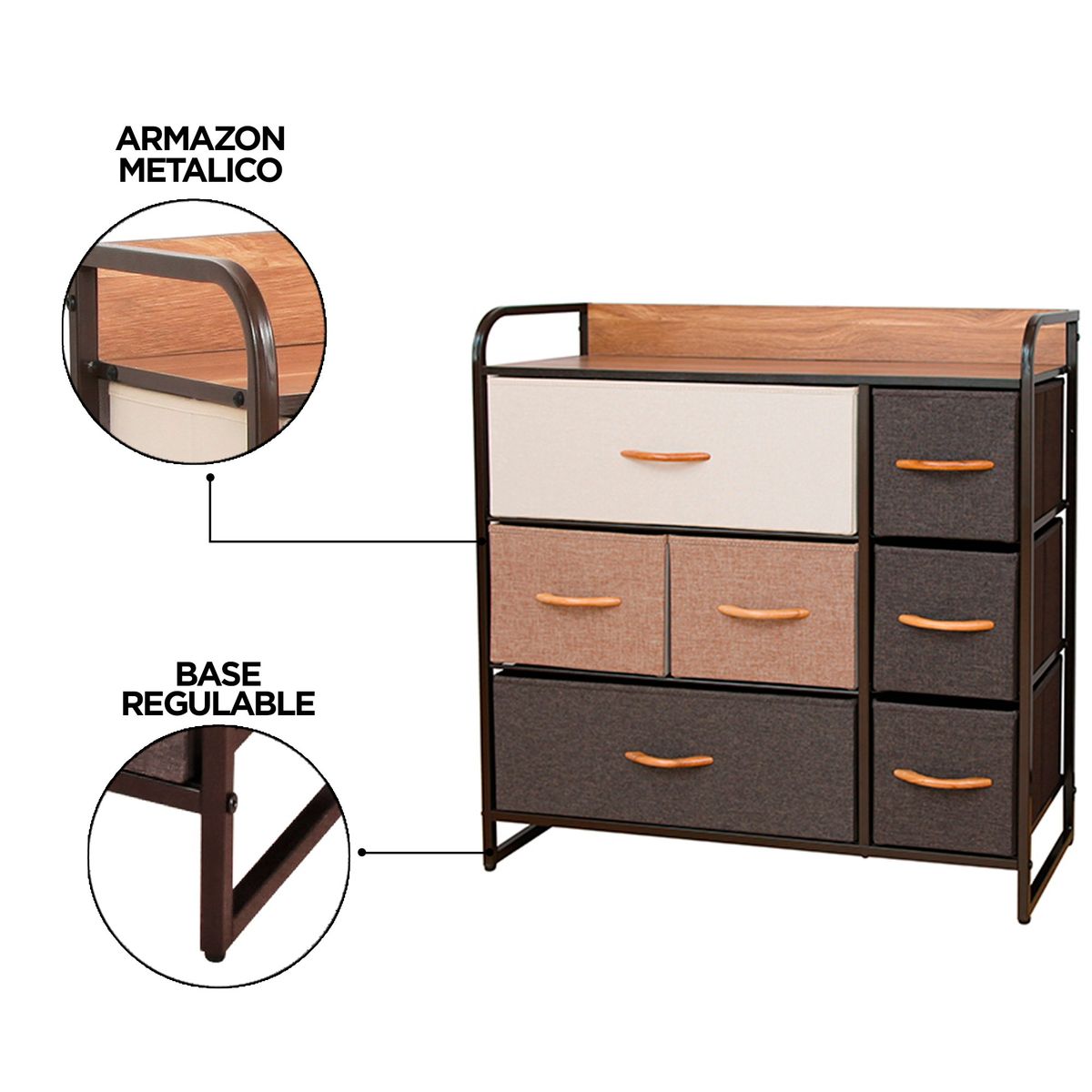 CARRY ALL - Cajonera Comoda 7 Cajones Metal Madera Tela Premium