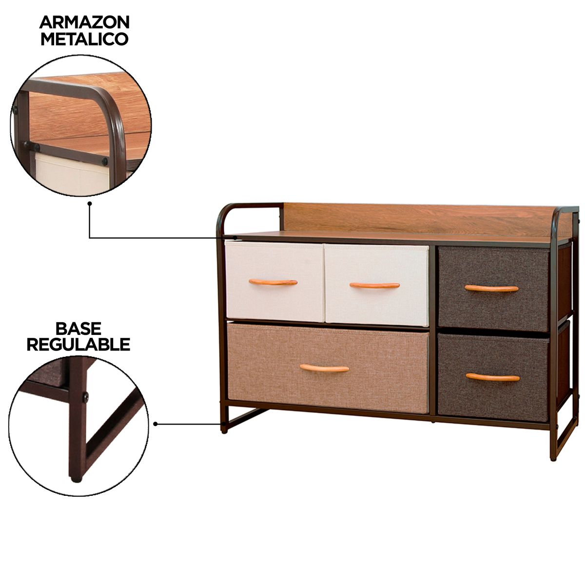 CARRY ALL - Cajonera Comoda 5 Cajones Rack Metal Madera Tela Premium