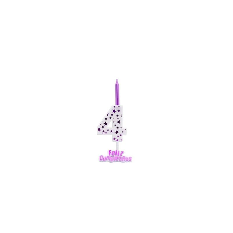 GENERICO - Vela De Numero 4 Blanco y Morado 13cm