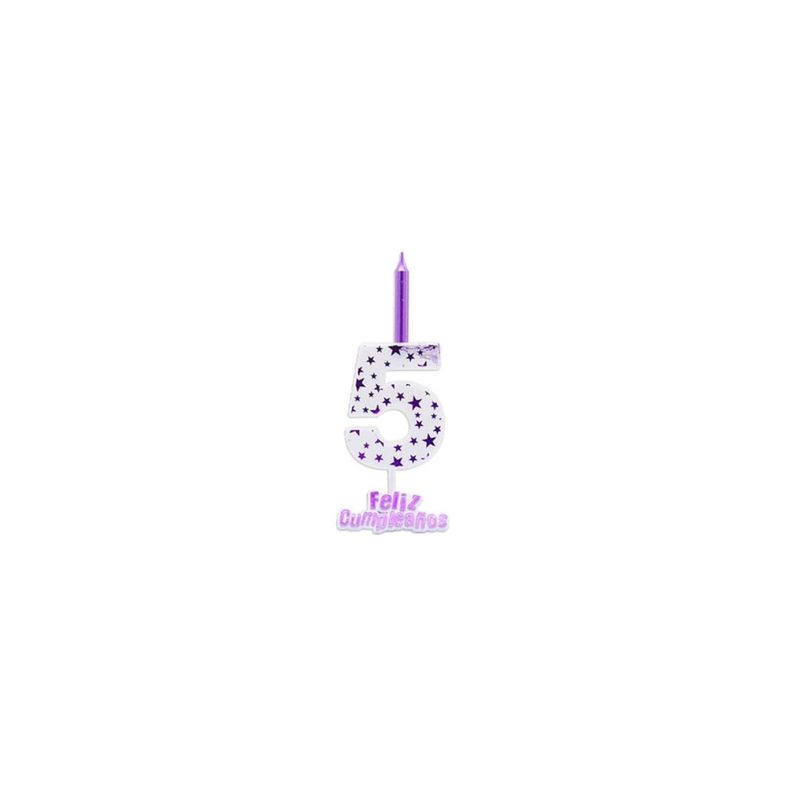 GENERICO - Vela De Numero 5 Blanco y Morado 13cm
