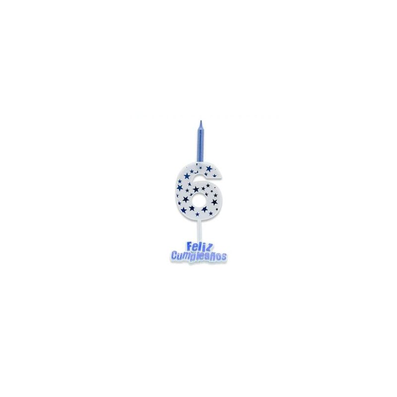 GENERICO - Vela De Numero 6 Blanco y Azul 13cm