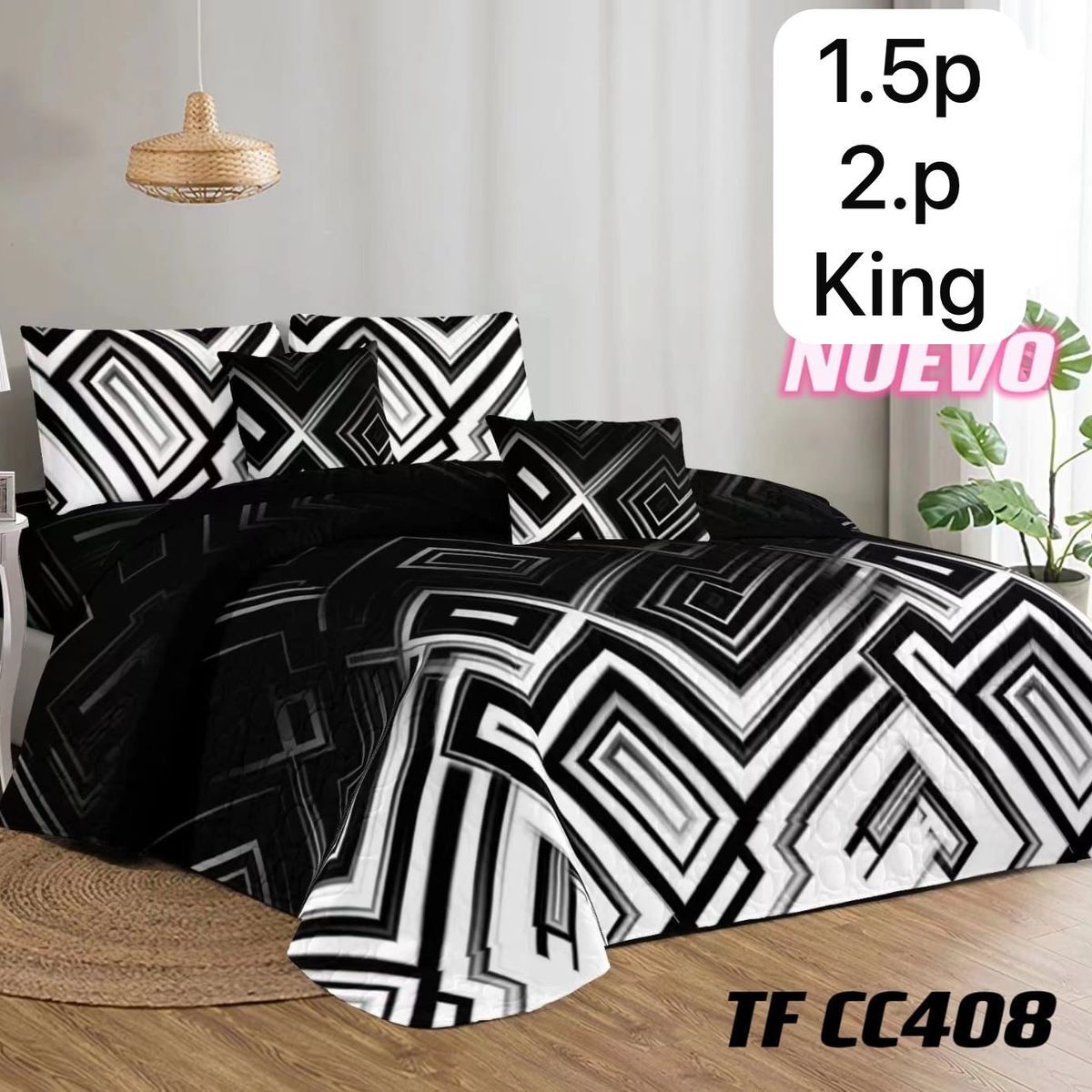 GENERICO - Cobertor Quilt de Verano  Cubrecamas KING Diseño Negro Geometrico