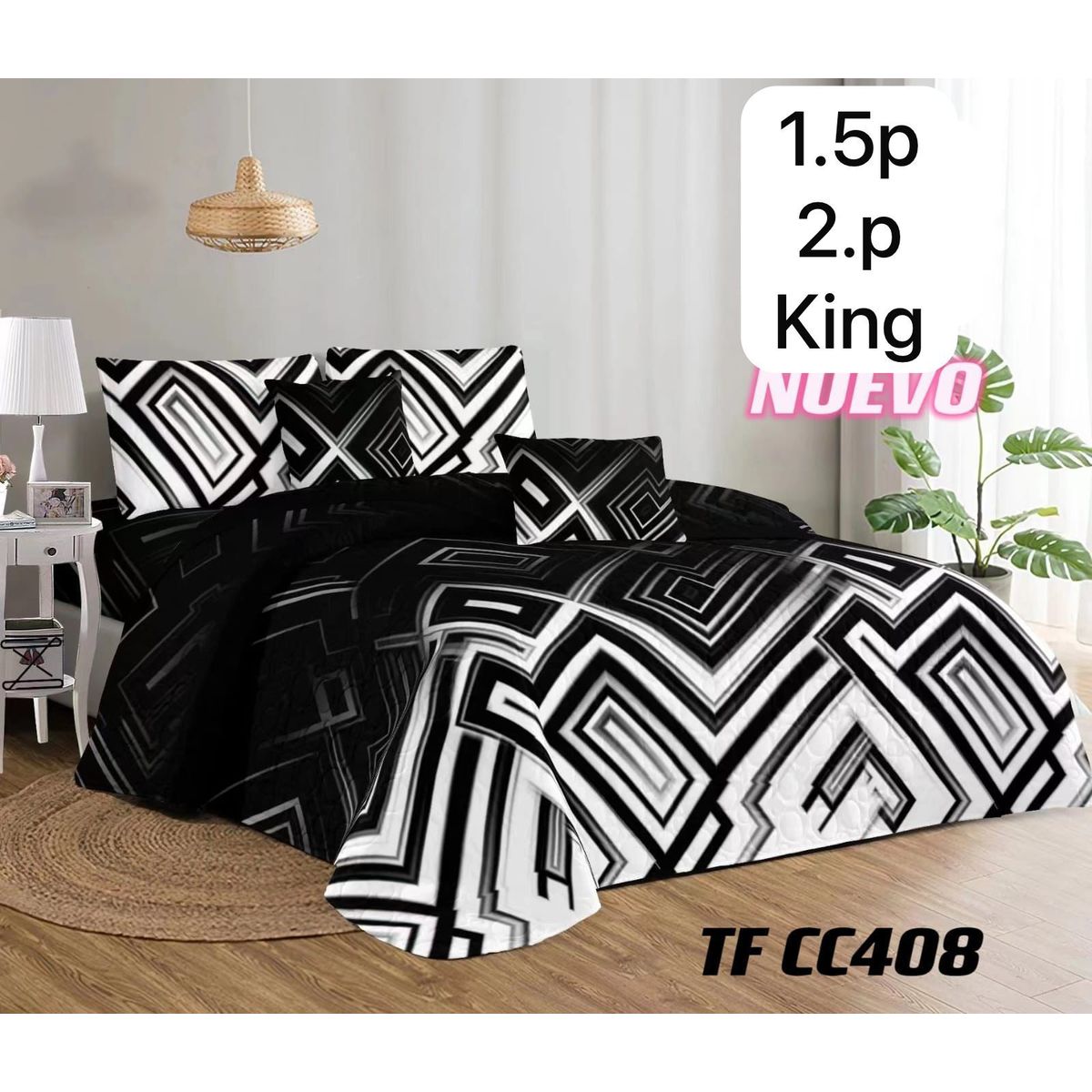 GENERICO - Cobertor Quilt de Verano  Cubrecamas KING Diseño Negro Geometrico