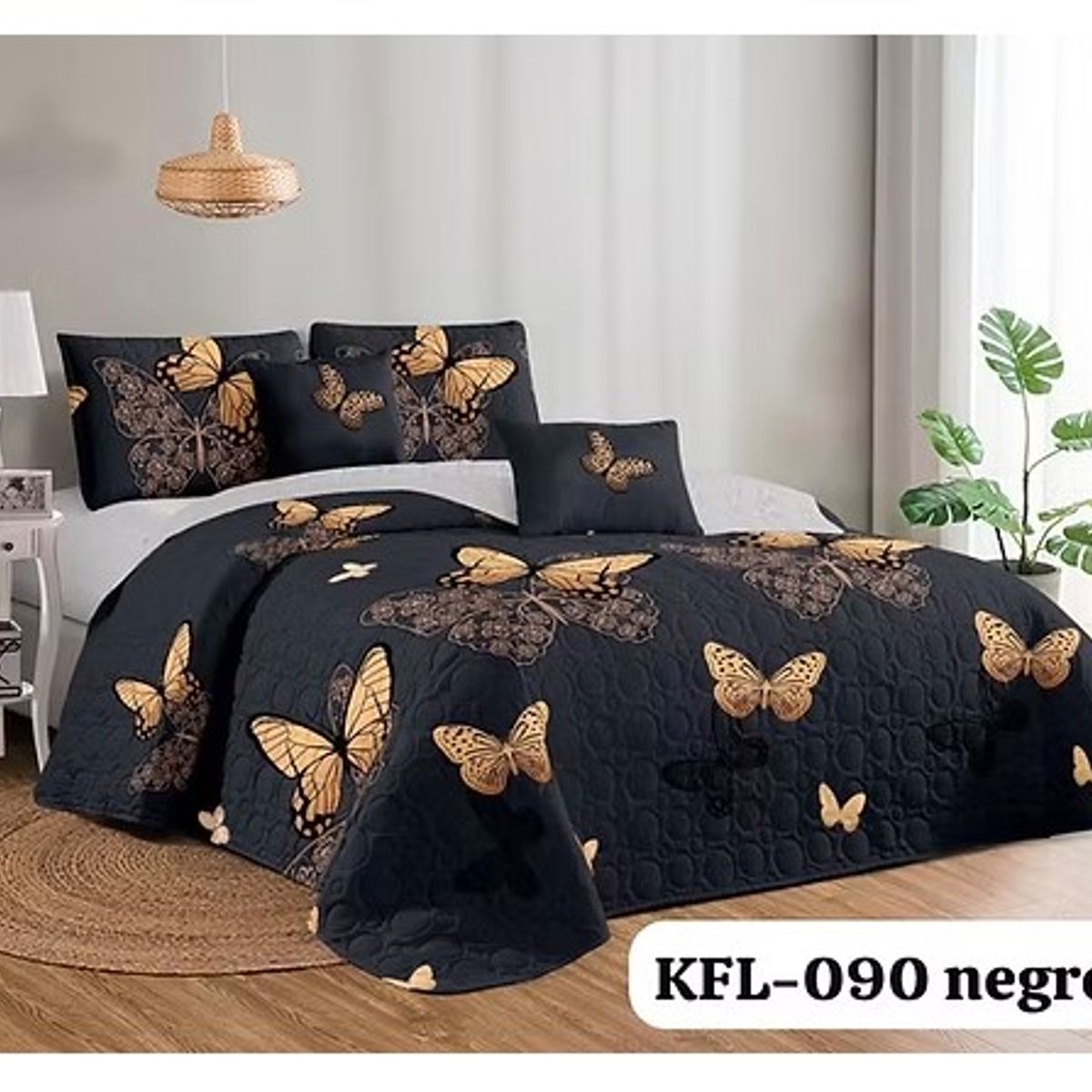 GENERICO - Cobertor tipo Quilt de Verano / Cubrecamas 1,5 plaza - Negro Mariposas
