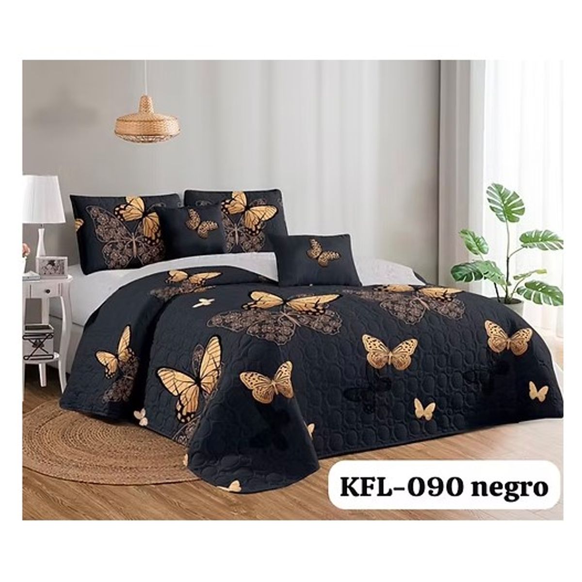 GENERICO - Cobertor tipo Quilt de Verano / Cubrecamas 1,5 plaza - Negro Mariposas