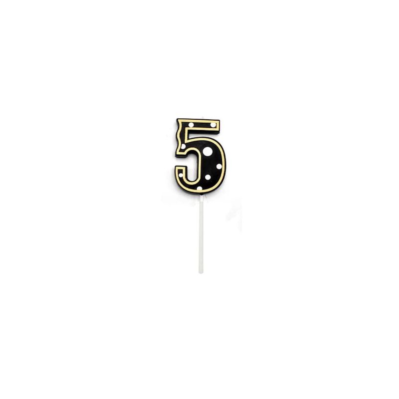 GENERICO - Vela De Numero 5 Fondo Negro Puntos Blancos 14cm