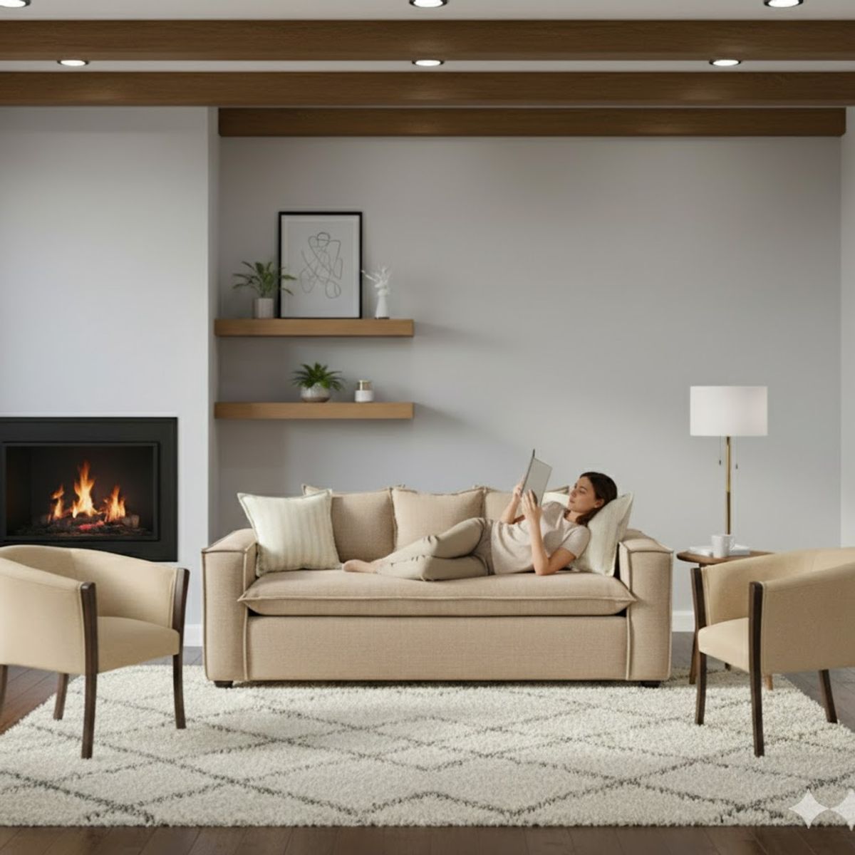 SITIAL HOME - Juego de Living 311 Bubha Beige Sofa con resortes + 2 sitiales madera