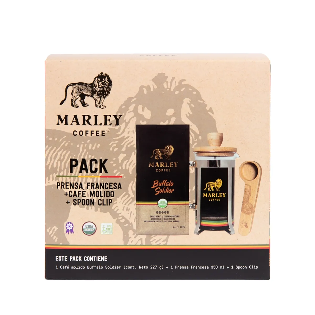 MARLEY COFFEE - Pack Prensa 350ml Café Molido Buffalo Soldier 227g y Spoonclip Marley Coffee