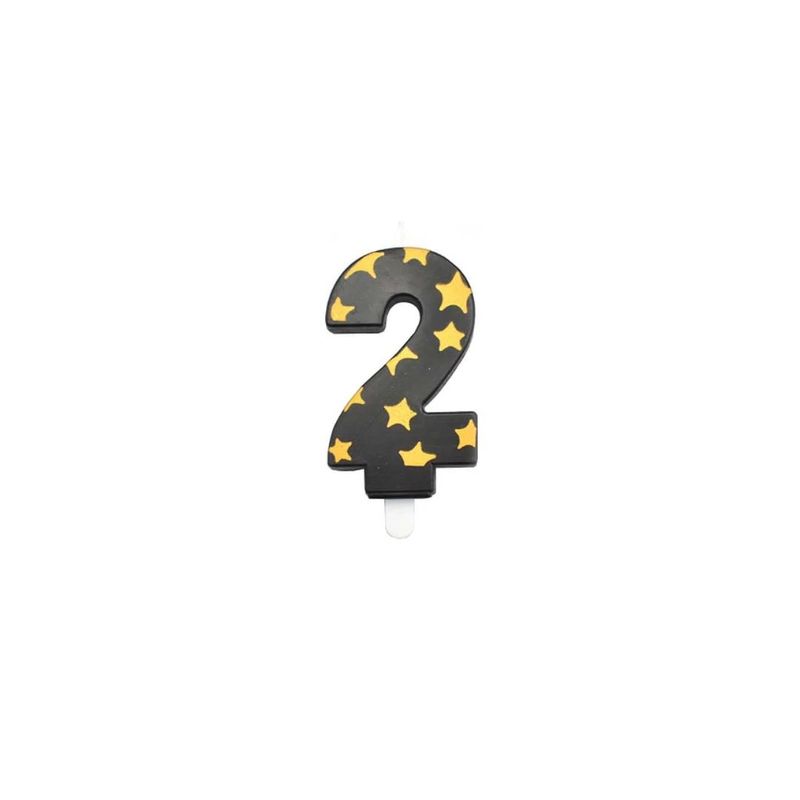 GENERICO - Vela De Numero 2 Estrella Negro y Dorado 8cm