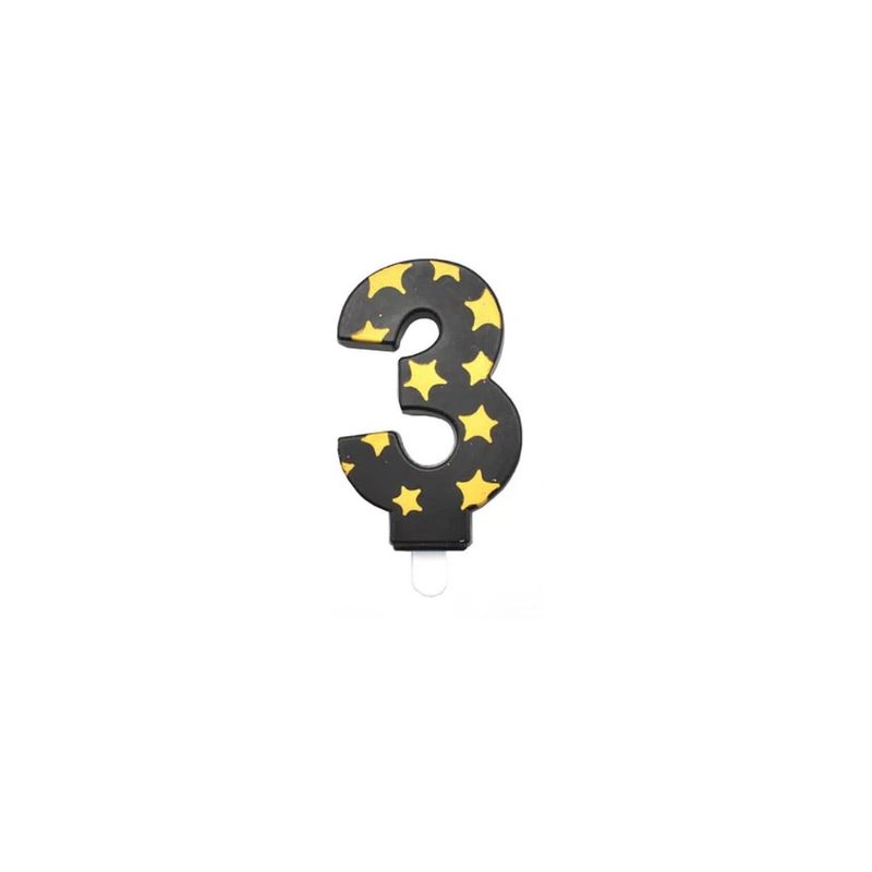 GENERICO - Vela De Numero 3 Estrella Negro y Dorado 8cm